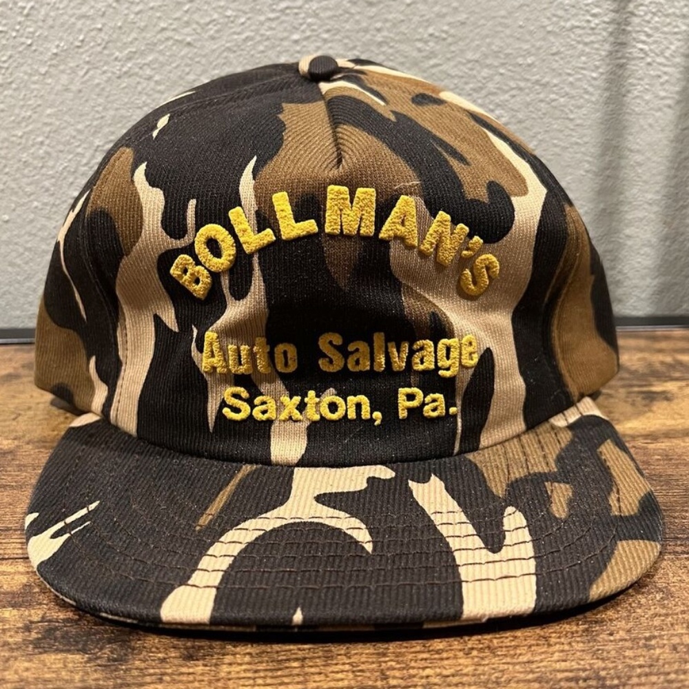 Vintage Bollman's Auto Salvage Parts Snapback Cap Trucker Hat Camouflage Camo